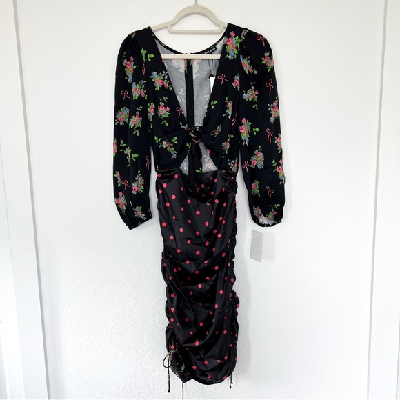 NWT For Love & Lemons Wilson Print Ruched Midi Dress in Polka Dots & Floral - Picture 4 of 10